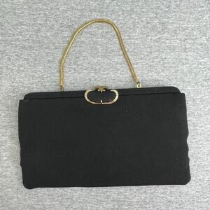 Vintage Purse Black Satin Clutch Evening Bag Rhinestone Top Lock Formal Handbag